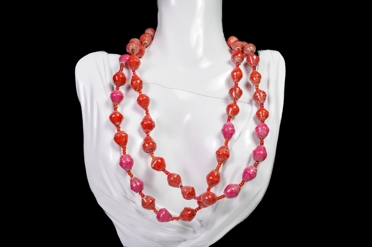 Retro Layered Pink & Coral Orange Wooden Bohemian Bead Necklace