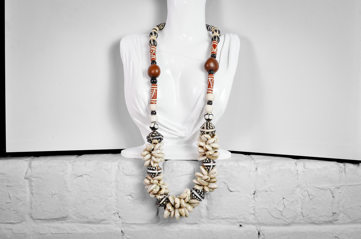 Stunning Cowrie Shell & Patterned Bead Statement Necklace