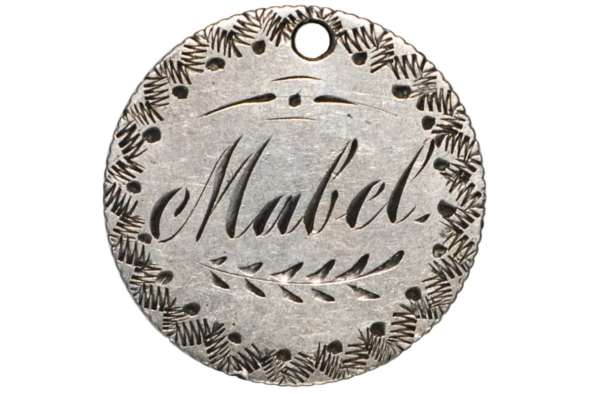 Genuine Antique Love Token, Mabel - Made From an 1870's Canadian Silver 10 Cent - Beautiful Scroll Work, 1800s Silver Love Token, "Mabel" Love Token