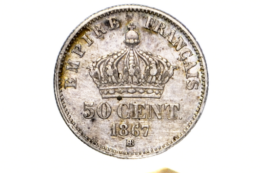 1867 French 50 Centimes - Uncirculated, Beautiful Luster - BB Mint Mark (rarer), Strasbourg Mint - Silver - Napoleon III France Fifty Centimes 1867BB, Napoleon the 3rd