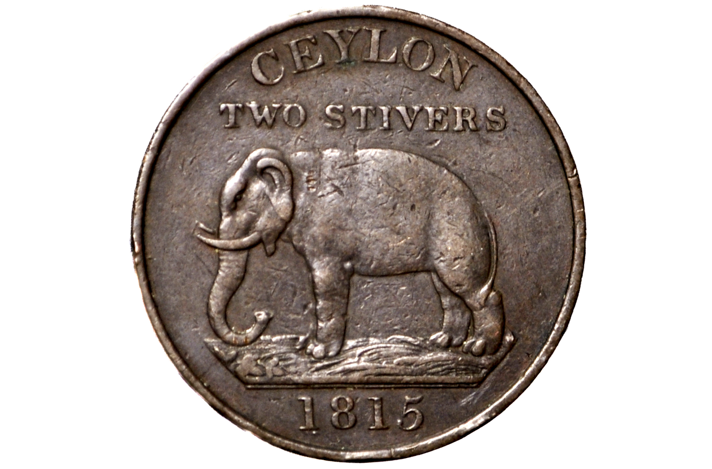 1815 Ceylon 2 Stivers, XF, Rarer Coin Type - Two Stiver 1915 German Ceylon - Elephant Coin