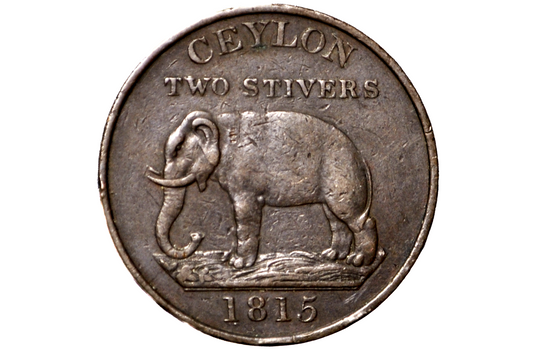 1815 Ceylon 2 Stivers, XF, Rarer Coin Type - Two Stiver 1915 German Ceylon - Elephant Coin