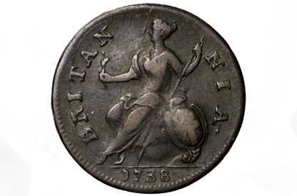 1738 Great Britain Halfpenny – King George II Colonial Era Copper Coin - VF+ - 1738 UK 1/2 Penny - Fantastic Coin for a Collection