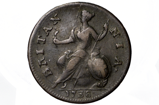1738 Great Britain Halfpenny – King George II Colonial Era Copper Coin - VF+ - 1738 UK 1/2 Penny - Fantastic Coin for a Collection