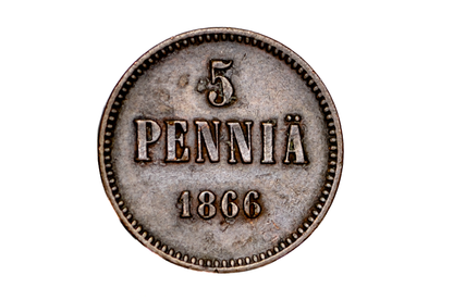 Rare 1866 Finland 5 Pennia Coin - XF, Great Condition - Low Mintage Coin, Few Surviving - Rare Finnish Coin