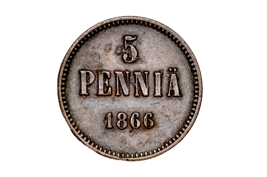 Rare 1866 Finland 5 Pennia Coin - XF, Great Condition - Low Mintage Coin, Few Surviving - Rare Finnish Coin