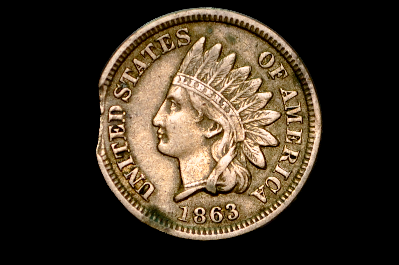 1863 Error Indian Head Cent Clipped Planchet - AU Detail - Great Unique Error Piece For a Collection