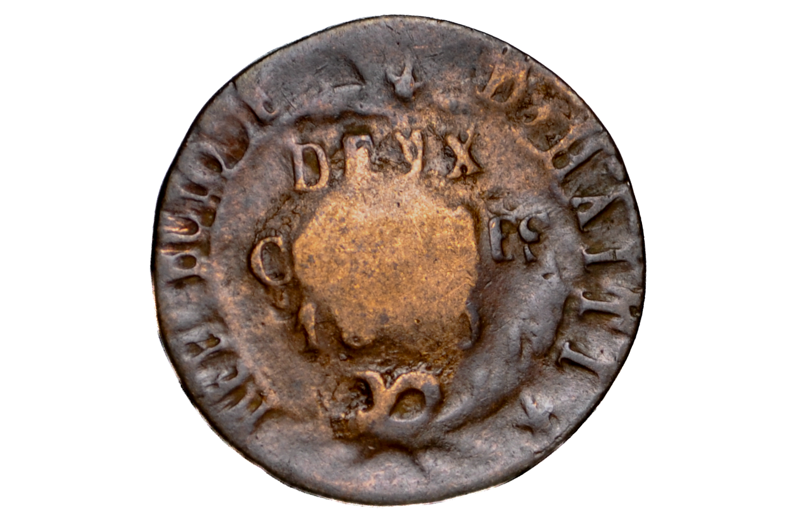 Ancient coin with engraved text and design on a white background