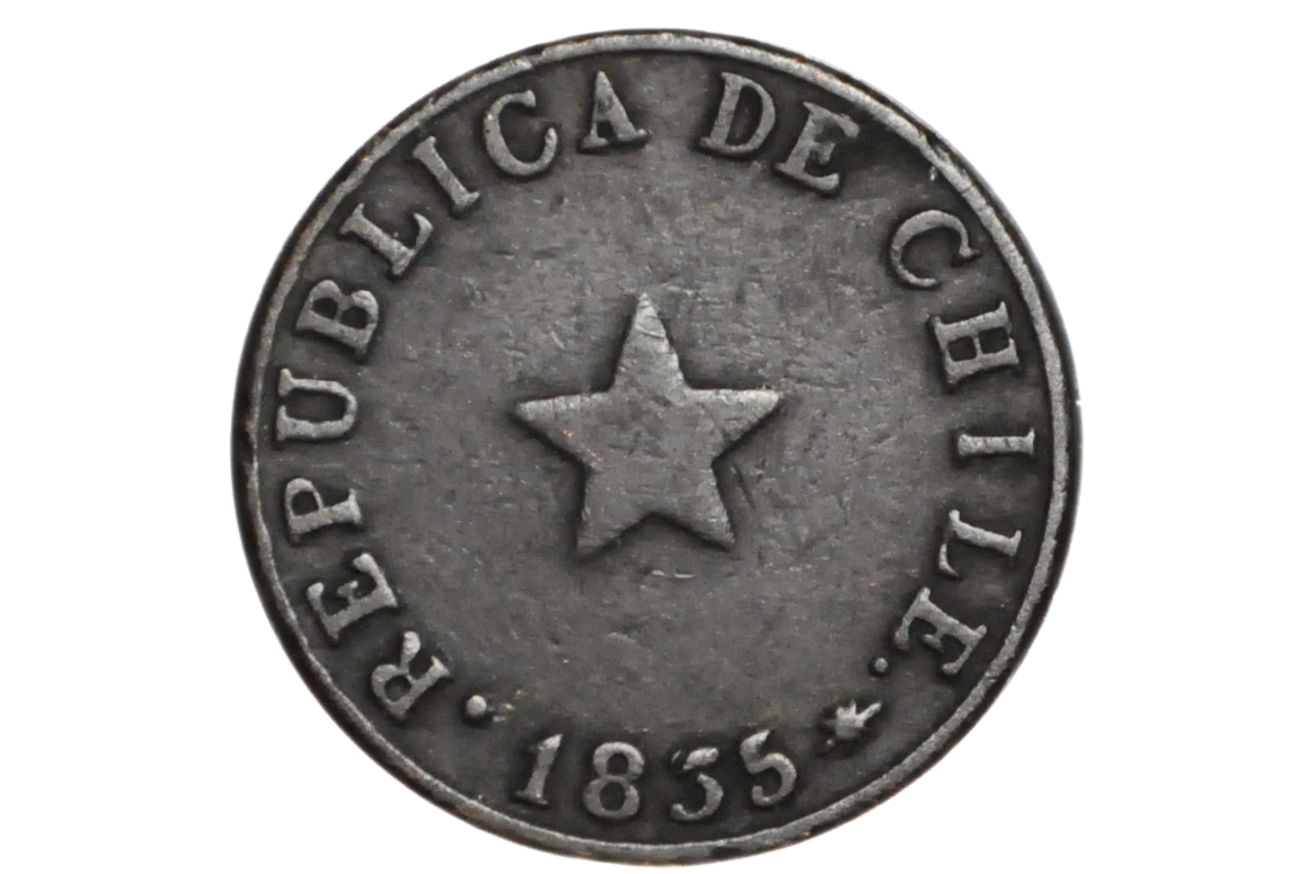 Vintage coin with 'Republica de Chile' and year 1835 on a white background