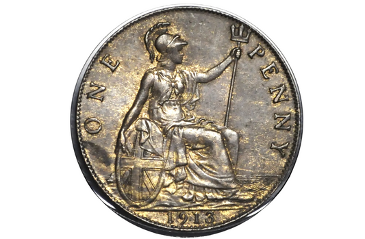Vintage one penny coin with a seated figure and 'ONE PENNY' text on a black background