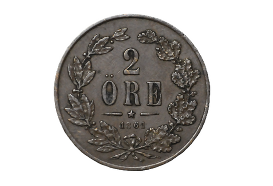 1861 Swedish 2 Ore Coin - XF Condition - King Carl XV - 1.626 Million Made - Great for Birthdays, Collections