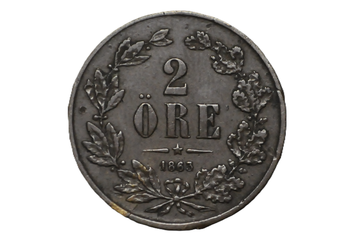 1863 Swedish 2 Ore Coin - VF Condition - King Carl XV - Old Swedish Coins