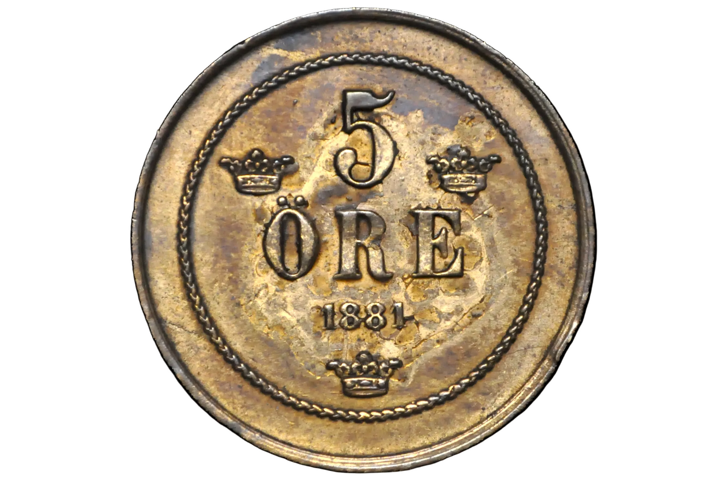 1881 Swedish 5 Ore Coin - XF Detail - Rarer, Low Mintage - Only 625K Made