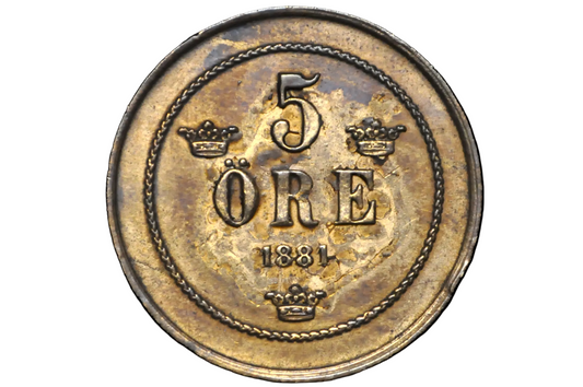 1881 Swedish 5 Ore Coin - XF Detail - Rarer, Low Mintage - Only 625K Made