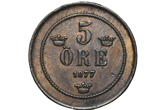 1877 Swedish 5 Ore Coin - VF - Rarer, Low Mintage - Only 514K Made
