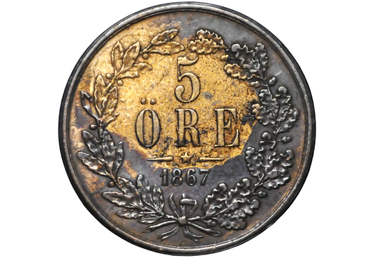 1867 Swedish 5 Ore Coin - XF+ Condition - King Carl XV - Rarer, Low Mintage - Great for Birthdays, Collections