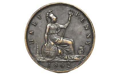 1862 Great Britain Half Penny - AU, Great Coin - UK 1/2 Penny 1862 - Bronze, High Grade