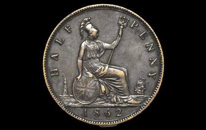 1862 Great Britain Half Penny - AU, Great Coin - UK 1/2 Penny 1862 - Bronze, High Grade