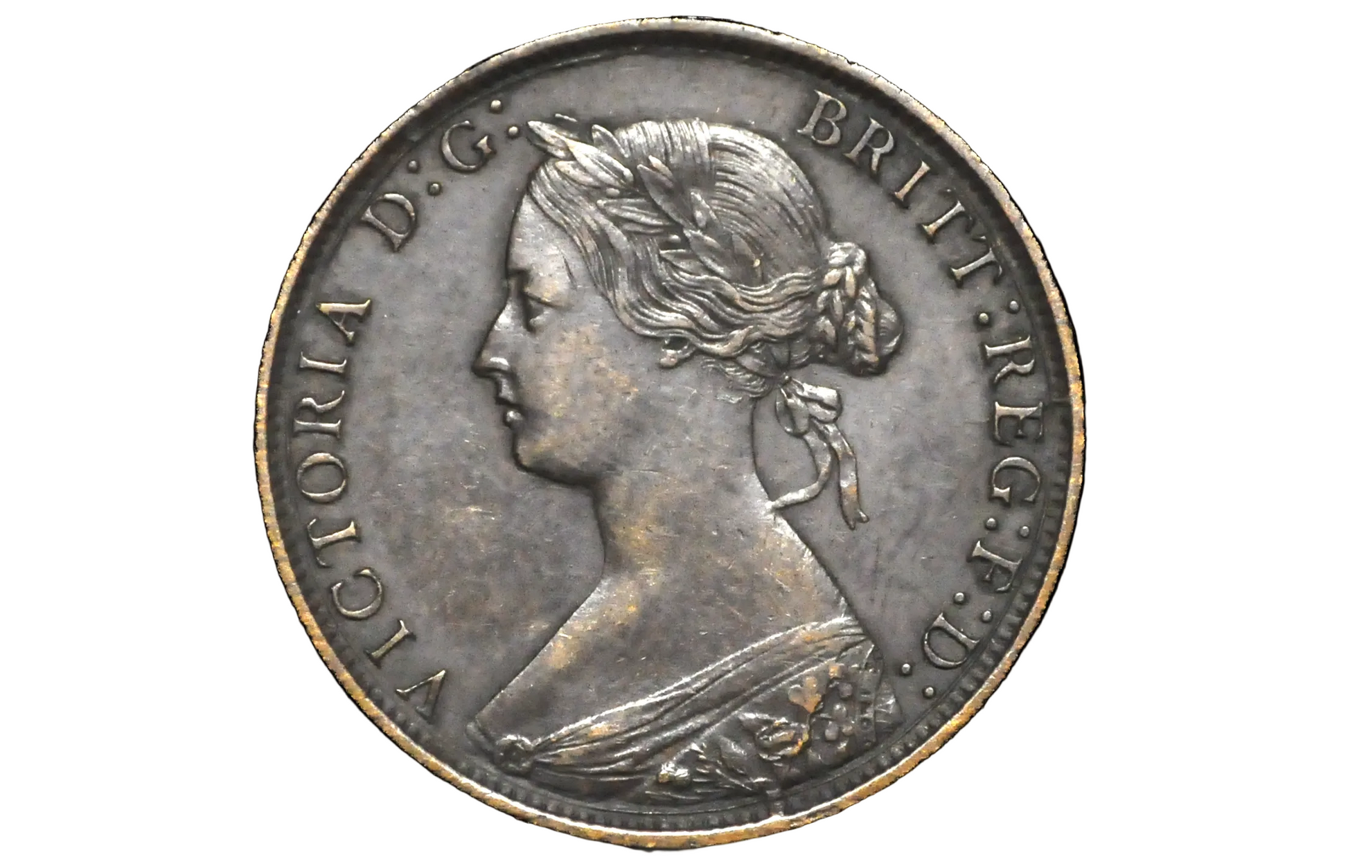 Vintage coin with profile of a queen and engraved text on a black background