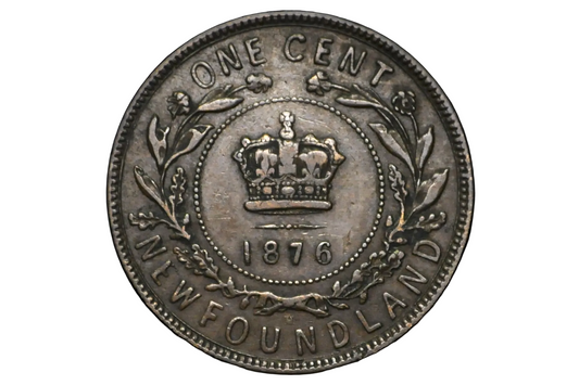 Old Newfoundland one cent coin with a crown and '1876' on a black background