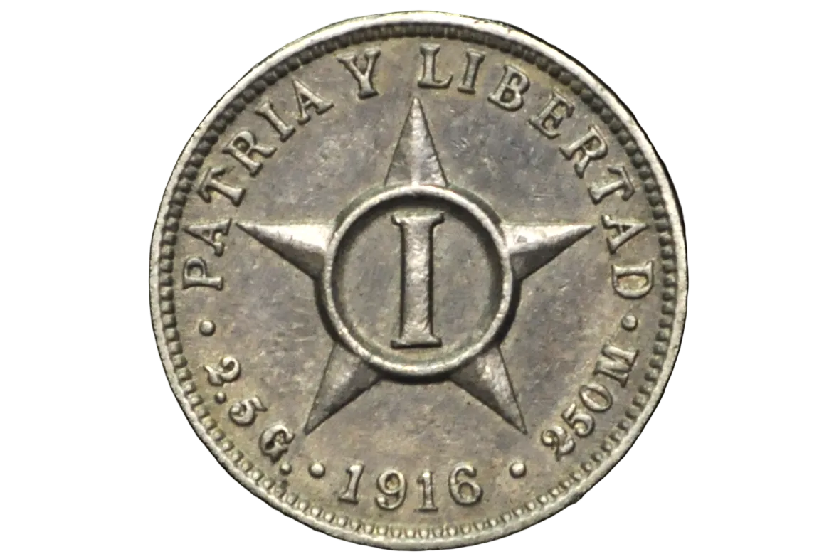 Silver coin with star design and text from Cuba 1916
