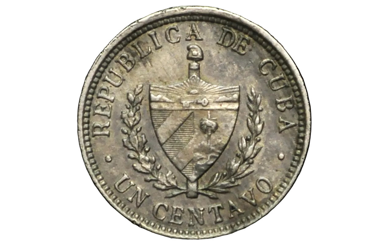 Silver coin with 'Republica de Cuba' text and coat of arms on a black background
