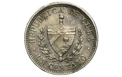 Silver coin with 'Republica de Cuba' text and coat of arms on a black background