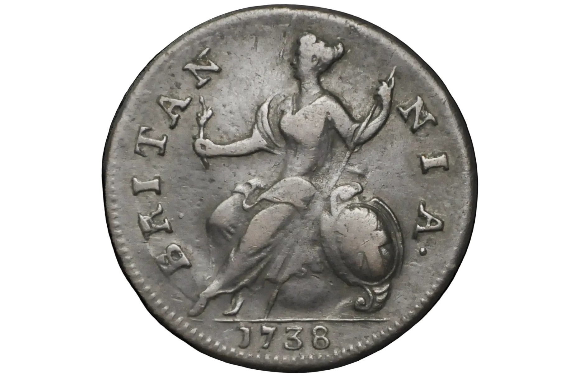 Vintage coin with a figure and 'Britannia' text minted in the year 1738