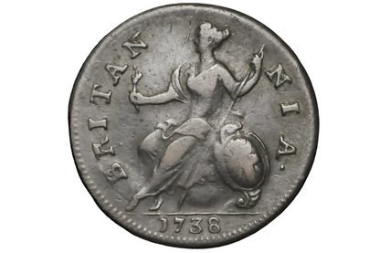 Vintage coin with a figure and 'Britannia' text minted in the year 1738