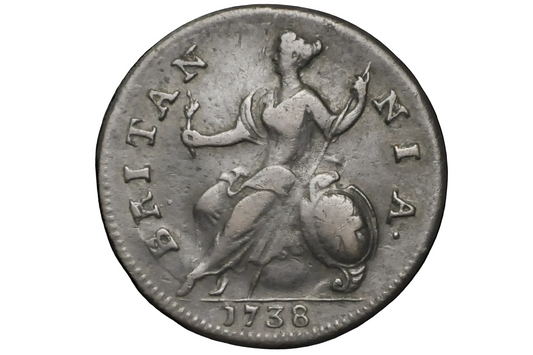 Vintage coin with a figure and 'Britannia' text minted in the year 1738