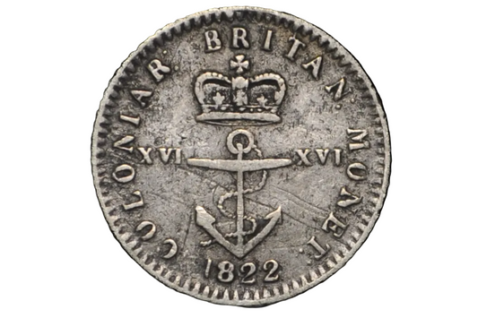 1822 1 sixteenth dollar British West Indies in XF condition. Also referred to as "anchor Money"