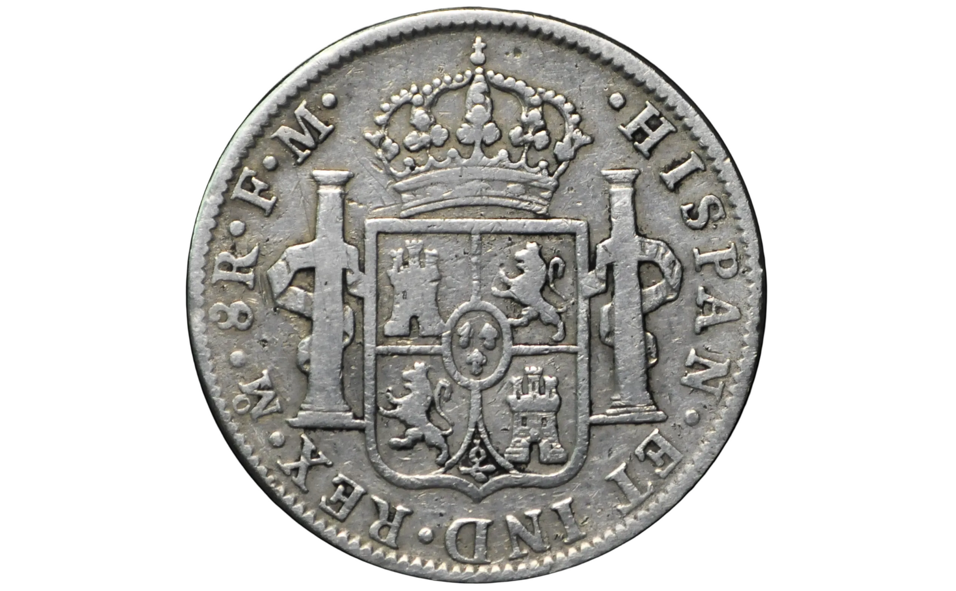 Silver coin with heraldic design and text on a black background