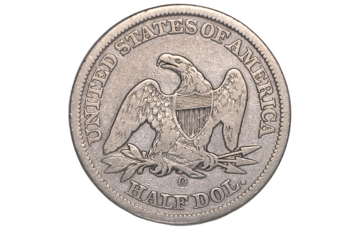 Reverse of a Seated Liberty US Half Dollar with an O mint mark for the New Orleans mint