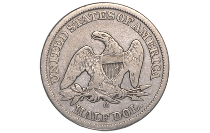 Reverse of a Seated Liberty US Half Dollar with an O mint mark for the New Orleans mint
