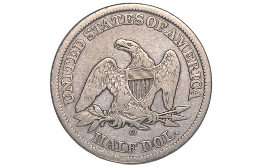 Reverse of a Seated Liberty US Half Dollar with an O mint mark for the New Orleans mint
