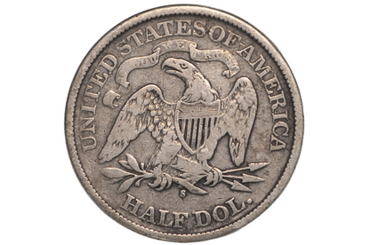 A silver United States of America half dollar coin featuring an eagle emblem, displayed inside a clear plastic grading holder.