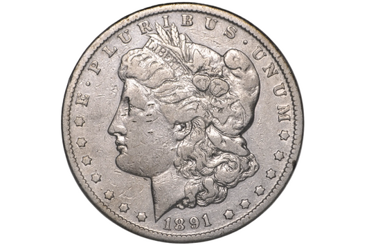 An 1891 Morgan Silver Dollar coin inside a clear plastic grading holder, showing the Liberty head profile and the inscription 'E PLURIBUS' and '1891'.