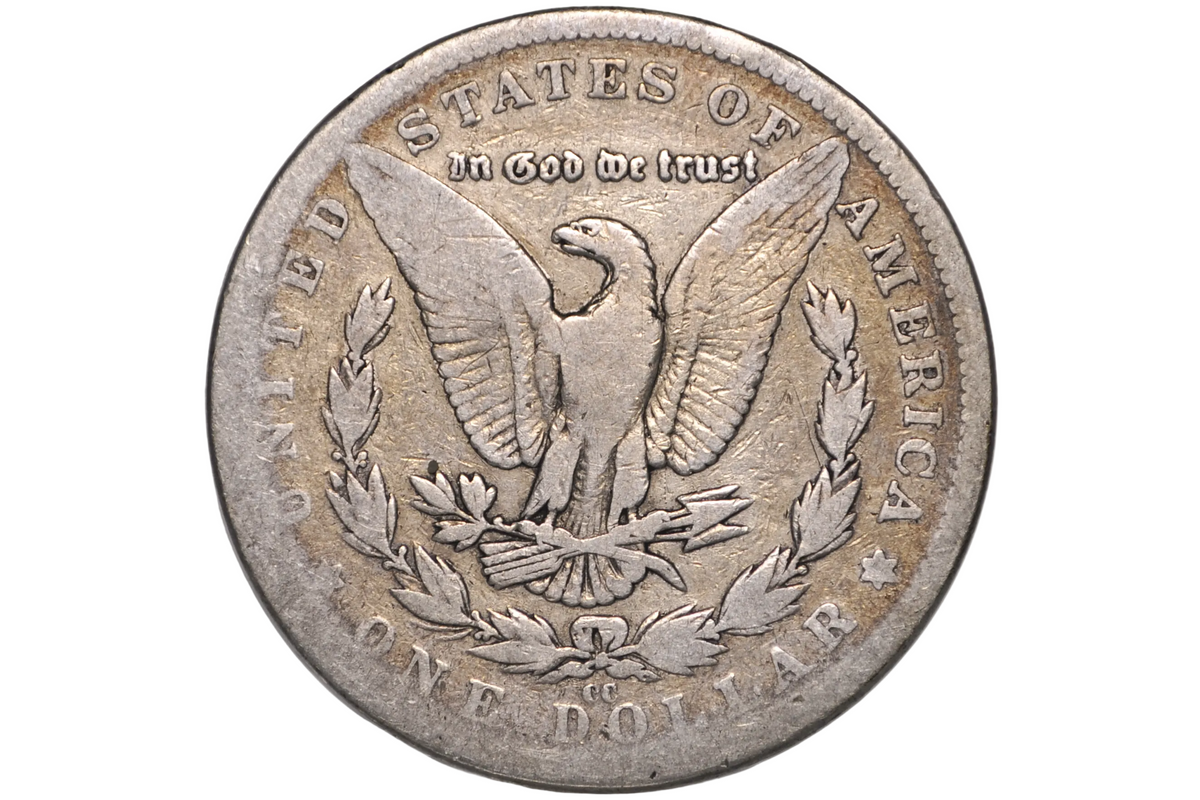 A silver US one dollar coin featuring the Great Seal with an eagle, laurel wreath, and the text 'In God We Trust' and 'United States of America', displayed inside a clear plastic protective capsule.