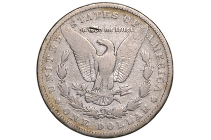 A silver US one dollar coin featuring an eagle and laurel wreath, displayed inside a clear plastic protective holder.