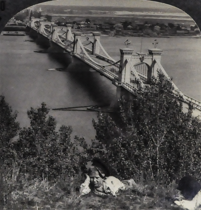 Antique Keystone Stereoview of the River Dnepr Bridge, Kiev, Soviet Ukraine - No. 34001 - 1930s USSR Kiev Ukrainian River Stereoview
