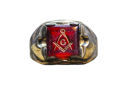Antique 10 Karat Gold Filled Masonic Ruby Ring - Size 11.5 - Stamped and Tested 10Kt Gold Filled - Freemason Jewelry - Masonic Signet Ring