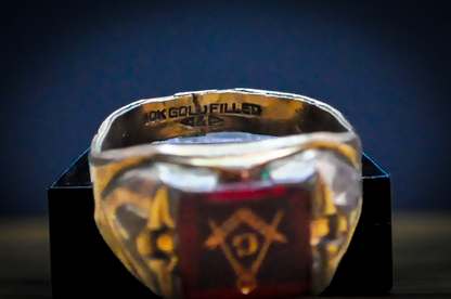 Antique 10 Karat Gold Filled Masonic Ruby Ring - Size 11.5 - Stamped and Tested 10Kt Gold Filled - Freemason Jewelry - Masonic Signet Ring