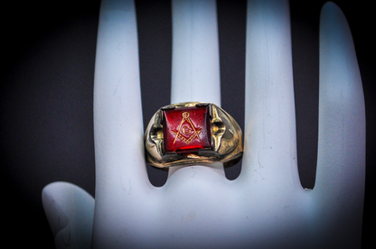 Antique 10 Karat Gold Filled Masonic Ruby Ring - Size 11.5 - Stamped and Tested 10Kt Gold Filled - Freemason Jewelry - Masonic Signet Ring