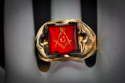 Antique 10 Karat Gold Filled Masonic Ruby Ring - Size 11.5 - Stamped and Tested 10Kt Gold Filled - Freemason Jewelry - Masonic Signet Ring