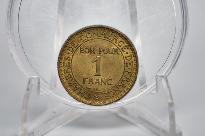1924 French 1 Franc Coin - Uncirculated Condition - One Franc Coin - 1924 One Franc Coin 1924 French Coin Bon Pour 1 Franc Commerce Industrie