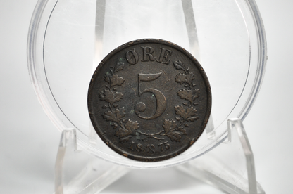 Rare 1875 Norway 5 Ore Coin - Fine Condition - Norwegian Five Ore Coin 1875 - Only 354,000 Made