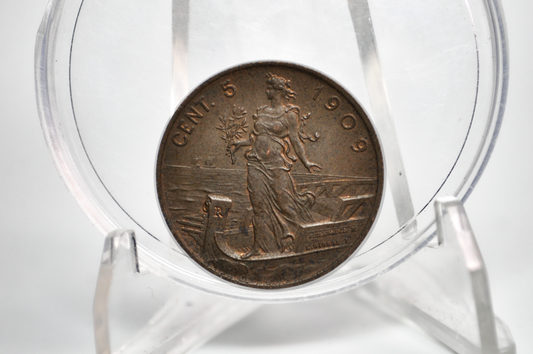 Rare 1909 Italian 5 Centesimo - UNC/Choice UNC - 1909 Five Cent Coin Italy - Vittorio Emanuele II - Copper - 1909 5 Cent