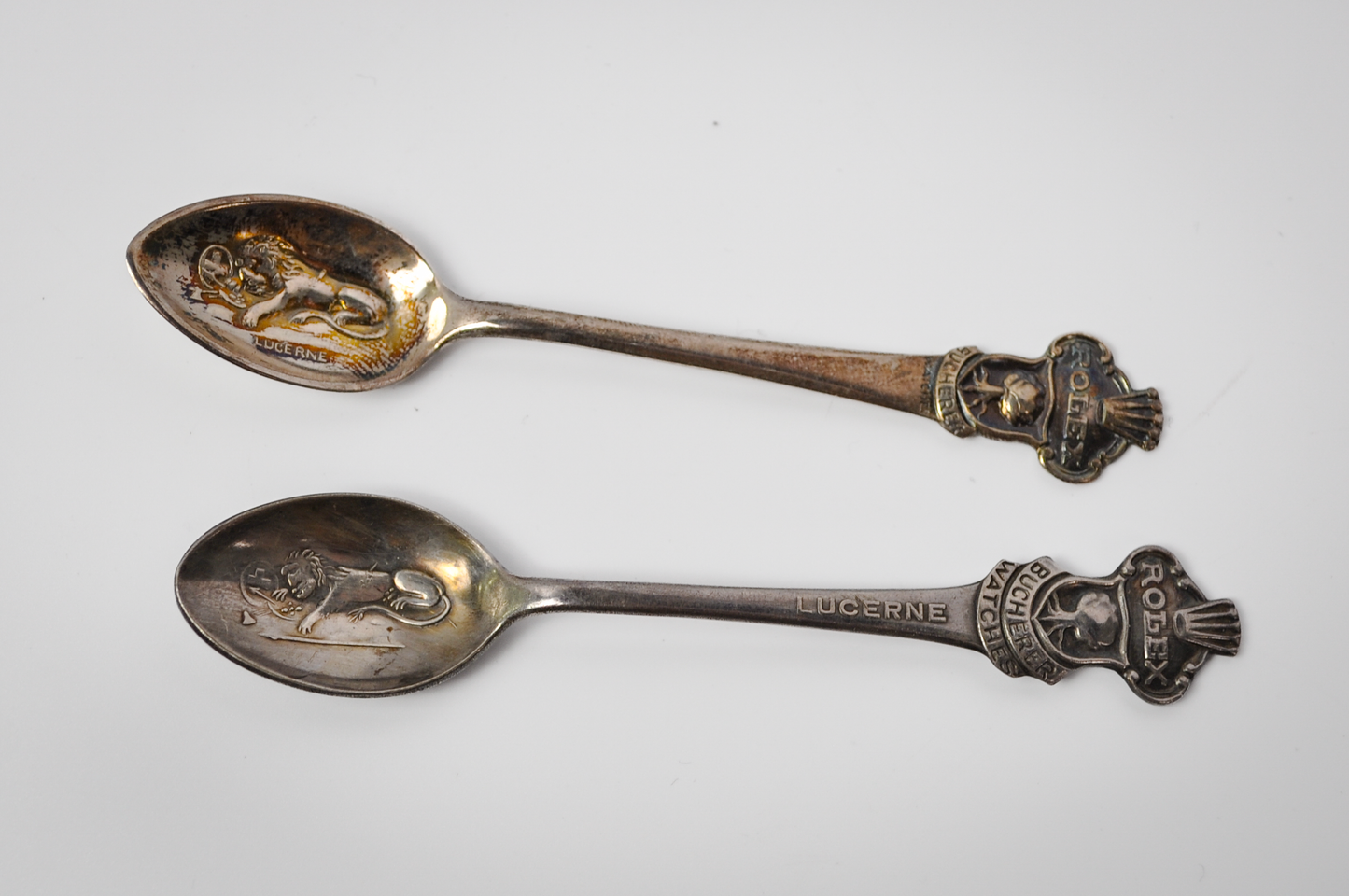 Vintage Set of 2 Lucerne Rolex Tea Spoons - Tested Silverplate - Rolex Bucherer - Slightly Different Designs