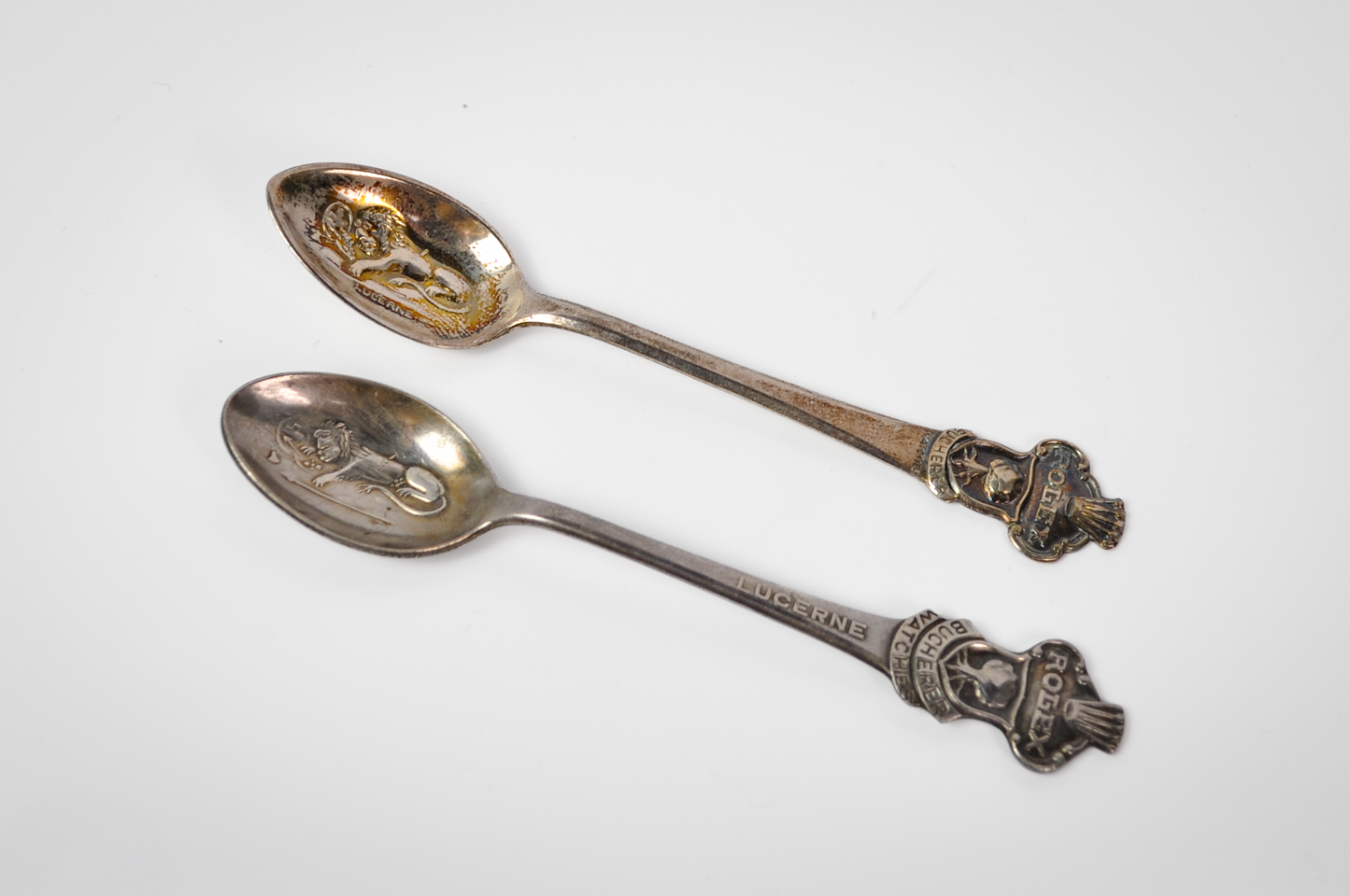 Vintage Set of 2 Lucerne Rolex Tea Spoons - Tested Silverplate - Rolex Bucherer - Slightly Different Designs