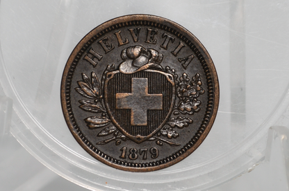 1879 Switzerland 2 Rappen - XF/AU - 1879 Helvetica 2 Rappen Swiss Two Rappen 1879, Great Coin - 990,000 Minted